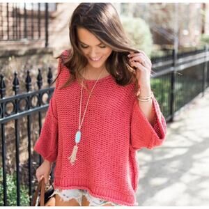 Free People Halo Dolman Sleeve Chunky Knit Pullover Sweater Coral Pink Small